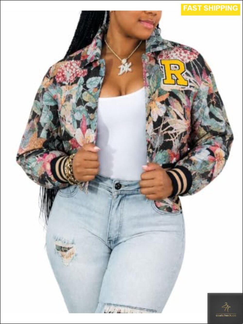 Womens Cropped Bomber Jacket Floral Jacquard Varsity Snap Button Casual